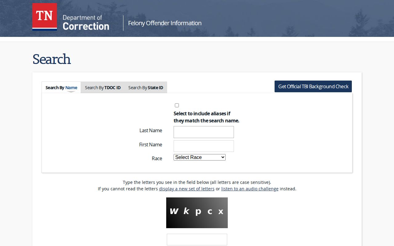 Tennessee FOIL search form used to locate felony offender sentence and release fields