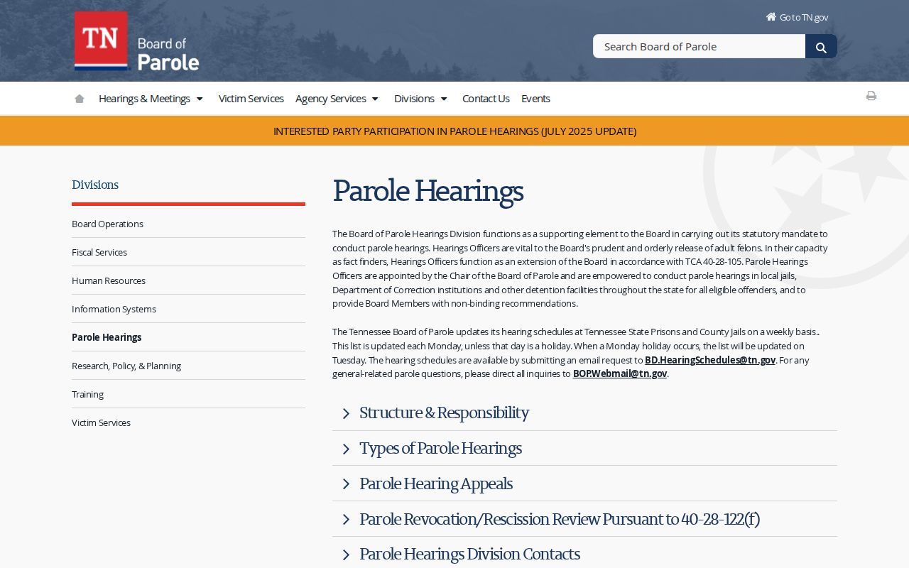 Tennessee Board of Parole hearing schedule and request guidance