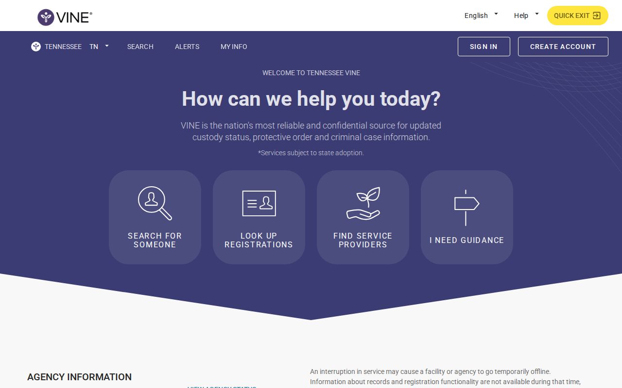 Tennessee VINELink search screen for a specific offender or custody record